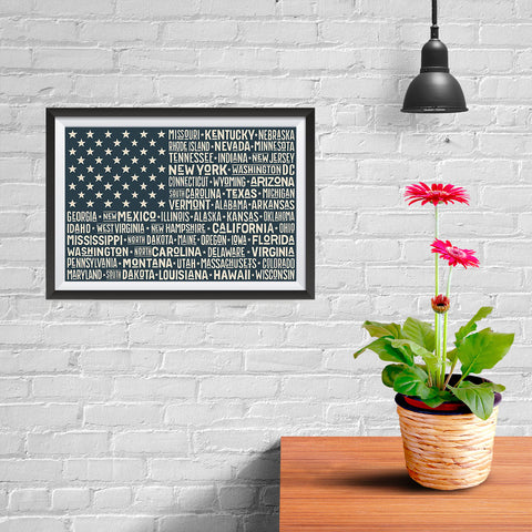Ezposterprints - The US Flag with State Names on Black - 12x08 ambiance display photo sample