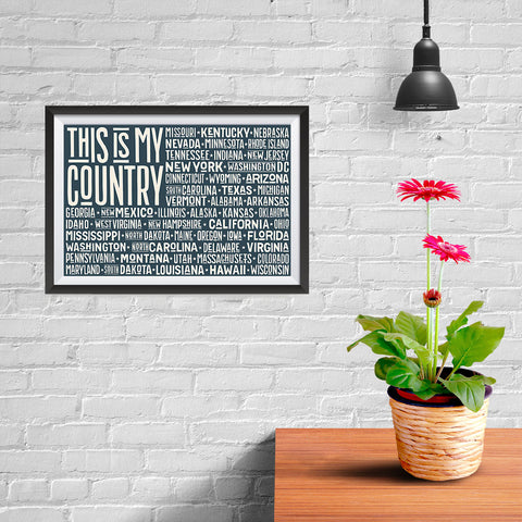 Ezposterprints - This is My Country Flag of The US with State Names on Dark Grey - 12x08 ambiance display photo sample