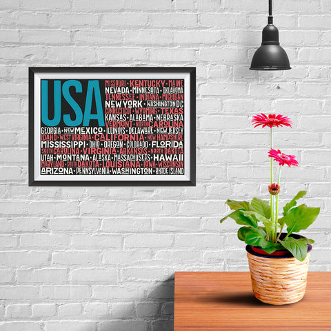 Ezposterprints - USA Text Flag of The US with State Names on Black And Red - 12x08 ambiance display photo sample