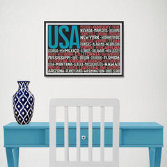 Ezposterprints - USA Text Flag of The US with State Names on Black And Red - 18x12 ambiance display photo sample