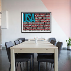 Ezposterprints - USA Text Flag of The US with State Names on Black And Red - 48x32 ambiance display photo sample