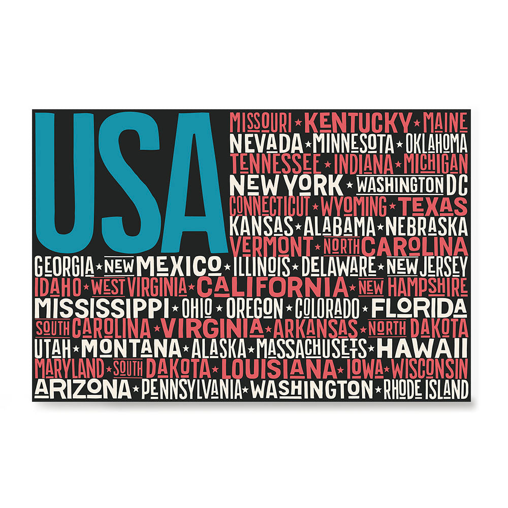 Ezposterprints - USA Text Flag of The US with State Names on Black And Red