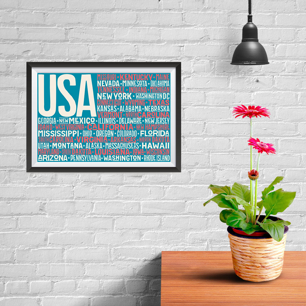 Ezposterprints - USA Text Flag of The US with State Names on Blue and Red - 12x08 ambiance display photo sample