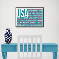 Ezposterprints - USA Text Flag of The US with State Names on Blue and Red - 18x12 ambiance display photo sample