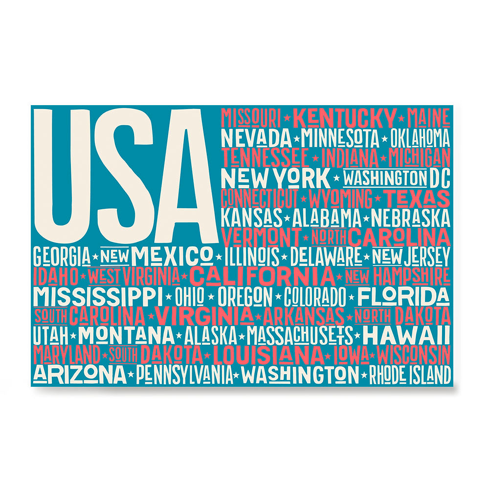 Ezposterprints - USA Text Flag of The US with State Names on Blue and Red